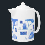 Santorini Greece Watercolor Blue White Teapot<br><div class="desc">A modern blue and white watercolor painting of Oia on the stunning Greek island of Santorini. Original art by Nic Squirrell.</div>