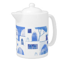 Santorini Greece Watercolor Blue White Teapot