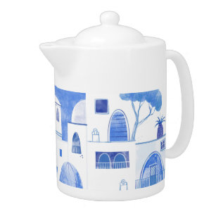 Santorini Greece Watercolor Blue White Teapot