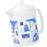 Santorini Greece Watercolor Blue White Teapot<br><div class="desc">A modern blue and white watercolor painting of Oia on the stunning Greek island of Santorini. Original art by Nic Squirrell.</div>
