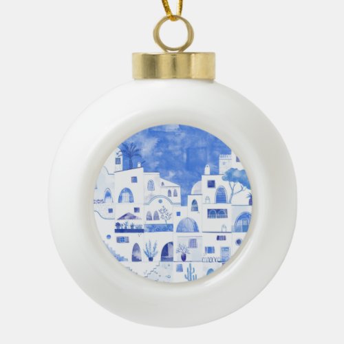 Santorini Greece Watercolor Ceramic Ball Christmas Ornament