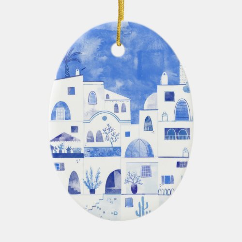 Santorini Greece Watercolor Ceramic Ornament