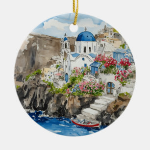 Santorini Greece Watercolor Ceramic Ornament