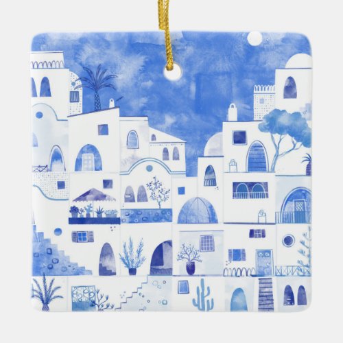 Santorini Greece Watercolor Ceramic Ornament