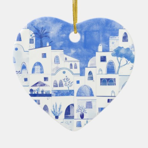 Santorini Greece Watercolor Ceramic Ornament