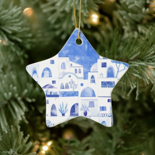 Santorini Greece Watercolor Ceramic Ornament