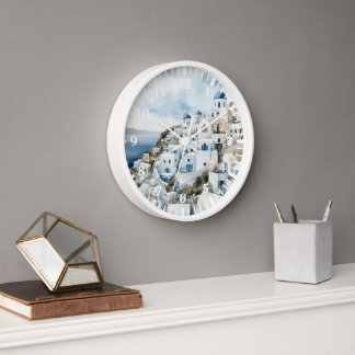 Santorini Greece Watercolor Clock