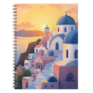 Santorini, Greece Watercolor Coastline Sunset Notebook
