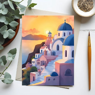 Santorini, Greece Watercolor Coastline Sunset Postcard