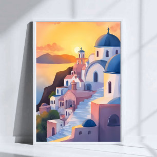 Santorini, Greece Watercolor Coastline Sunset Poster