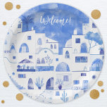 Santorini Greece Watercolor Custom Text Paper Plates<br><div class="desc">A modern blue and white watercolor painting of the Greek island of Santorini.  Original art by Nic Squirrell.  Change or delete the text to customize.</div>