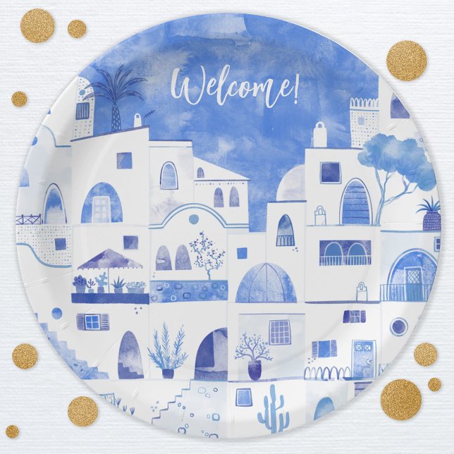 Santorini Greece Watercolor Custom Text Paper Plates (Santorini Oia Greece watercolor art party paper plate with custom text)
