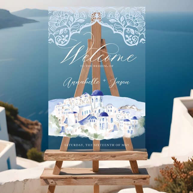 Santorini Greece Watercolor Destination Wedding Acrylic Sign (Santorini Greece Watercolor Destination Wedding Acrylic Sign)
