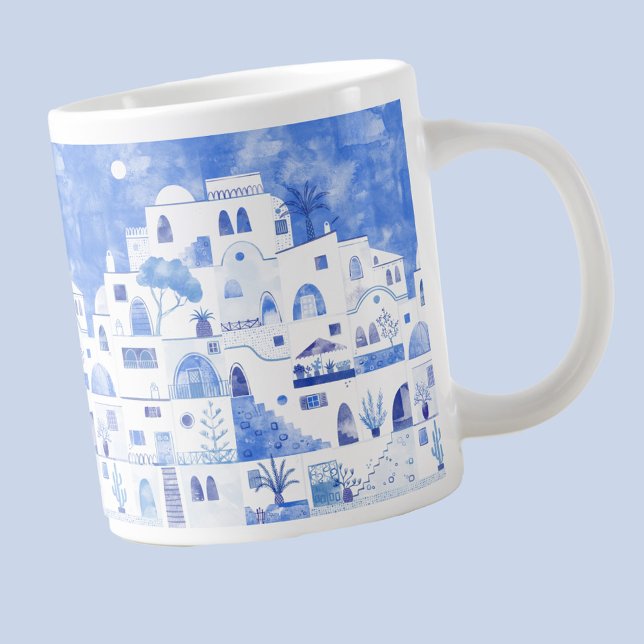 Santorini Greece Watercolor Giant Coffee Mug (Santorini Oia Greece blue and white watercolor art mug)