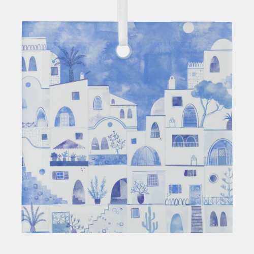 Santorini Greece Watercolor Glass Ornament