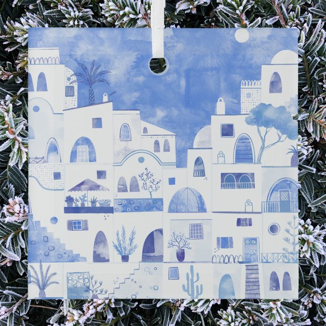 Santorini Greece Watercolor Glass Ornament (Santorini Oia Greece blue and white watercolor art Christmas ornament)