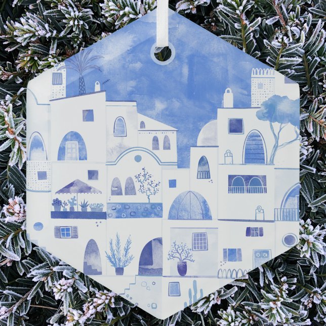 Santorini Greece Watercolor Glass Ornament (Santorini Greece blue and white watercolor glass ornament)
