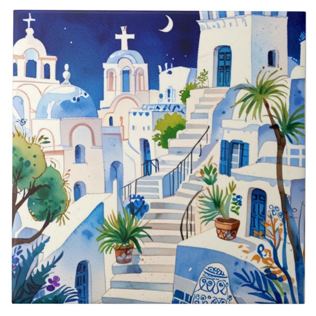 Santorini, Greece Watercolor - Greek Island Art Ceramic Tile (Front)