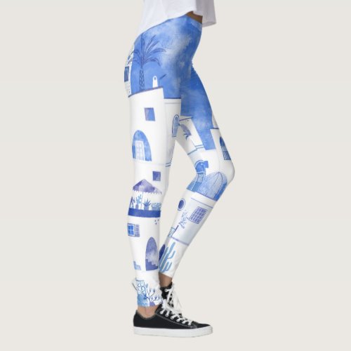 Santorini Greece Watercolor Leggings