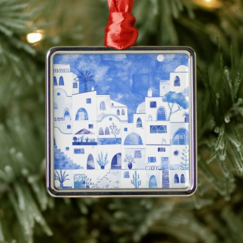 Santorini Greece Watercolor Metal Ornament