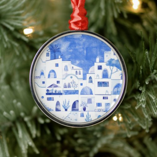 Santorini Greece Watercolor Metal Ornament