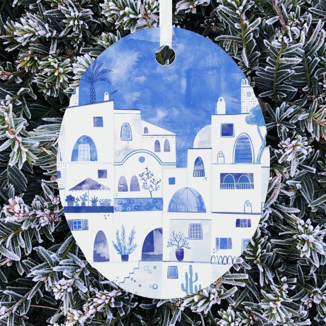 Santorini Greece Watercolor Metal Ornament (Santorini Greek island blue and white watercolor art Christmas ornament)