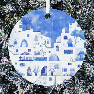 Santorini Greece Watercolor Metal Ornament