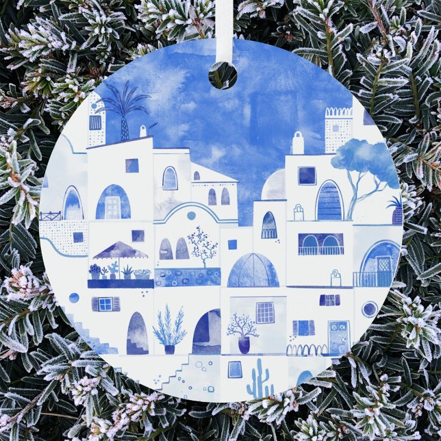 Santorini Greece Watercolor Metal Ornament (Santorini Oia Greece blue and white watercolor art Christmas ornament)