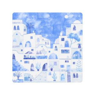 Santorini Greece Watercolor Metal Print