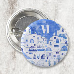 Santorini Greece Watercolor Monogram Button<br><div class="desc">A watercolor townscape painting of the beautiful Greek island of Santorini.  Original art by Nic Squirrell.  Change the monogram initial to personalize.</div>