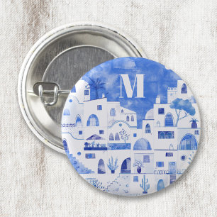 Santorini Greece Watercolor Monogram Button