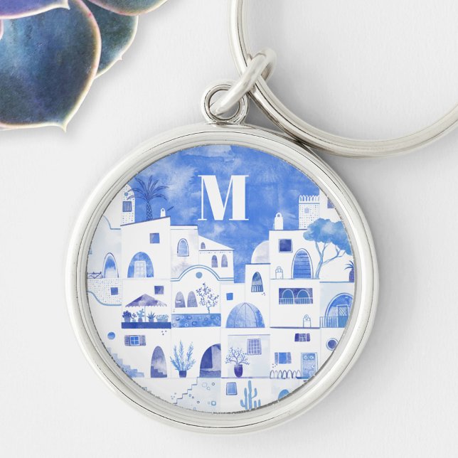 Santorini Greece Watercolor Monogram Keychain (Monogram initial blue and white watercolor Oia Santorini keyring)