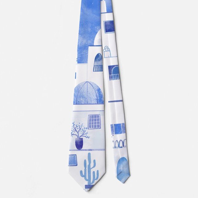Santorini Greece Watercolor Neck Tie (Watercolor blue and white Santorini Greece art neck tie)