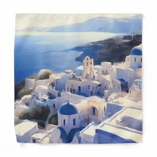 Santorini Greece Watercolor Painting Bandana