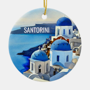 Santorini Greece Watercolor Painting Ceramic Ornament