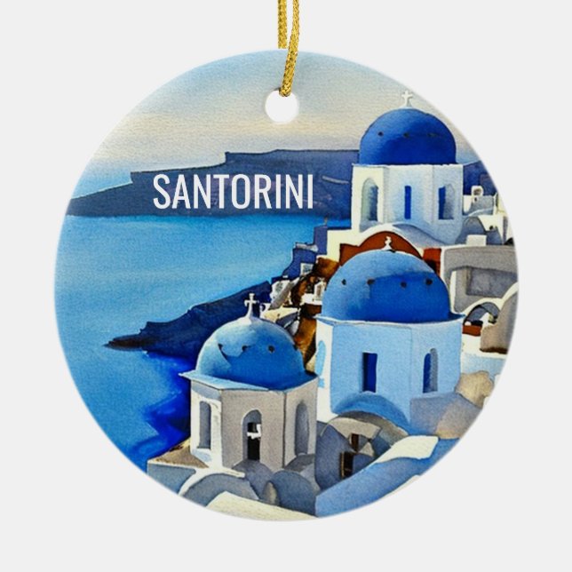 Santorini Greece Watercolor Painting Ceramic Ornament (Front)