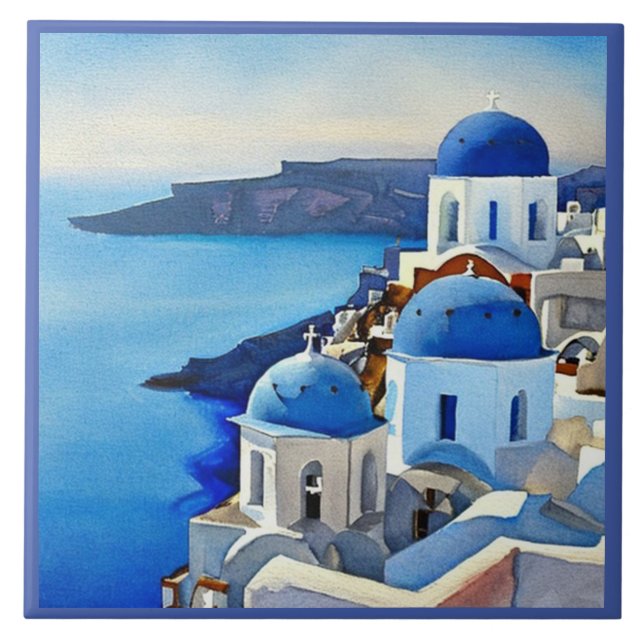 Santorini Greece Watercolor Painting Ceramic Tile (Front)