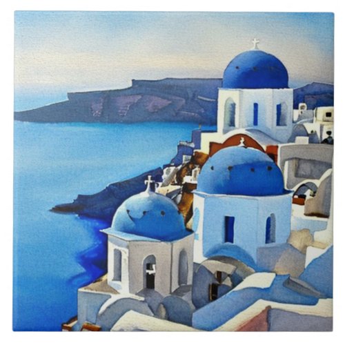 Santorini Greece Watercolor Painting Ceramic Tile