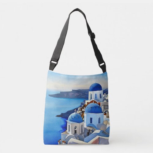 Santorini Greece Watercolor Painting Crossbody Bag