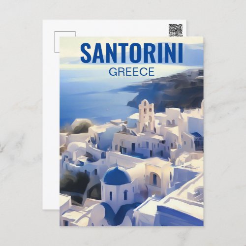 Santorini Greece Watercolor Painting Holiday Postcard