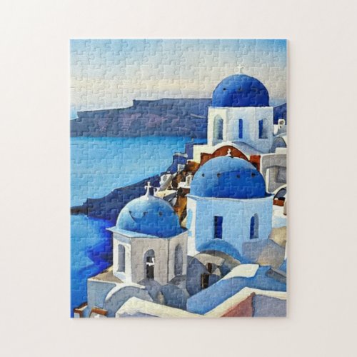 Santorini Greece Watercolor Painting Jigsaw Puzzle