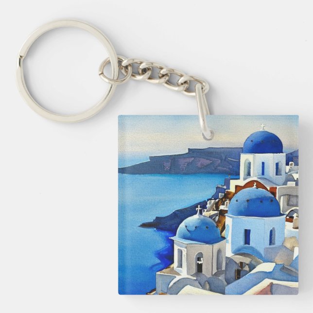 Santorini Greece Watercolor Painting Keychain (Front)