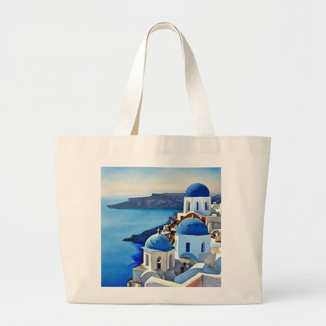 Santorini Greece Watercolor Painting Large Tote Bag (Front)