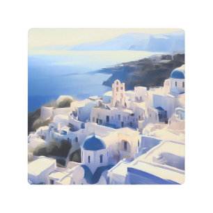 Santorini Greece Watercolor Painting Metal Print