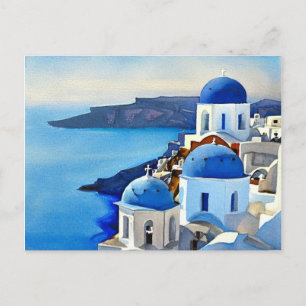 Santorini Greece Watercolor Painting Postcard