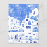 Santorini Greece Watercolor Painting Postcard