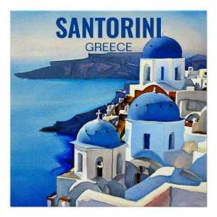Santorini Greece Watercolor Painting Poster