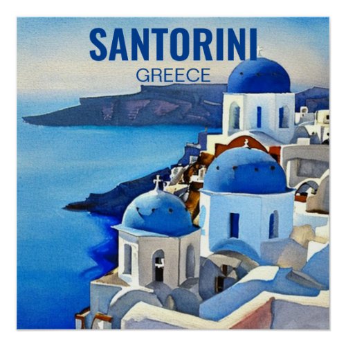 Santorini Greece Watercolor Painting Poster