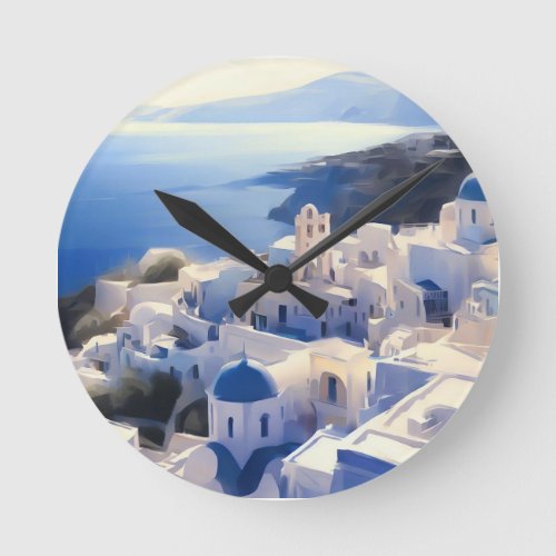 Santorini Greece Watercolor Painting Round Clock