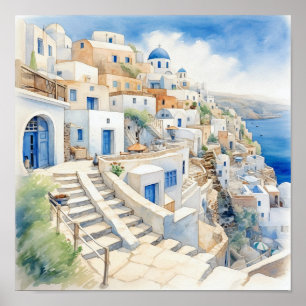 Santorini Greece Watercolor Painting Square Poster